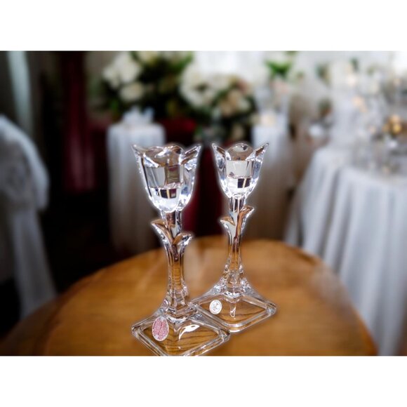 Vintage Toscani Antiques Ltd Tulip Candlesticks Set of Two 24% Lead Crystal 8" - Picture 10 of 10